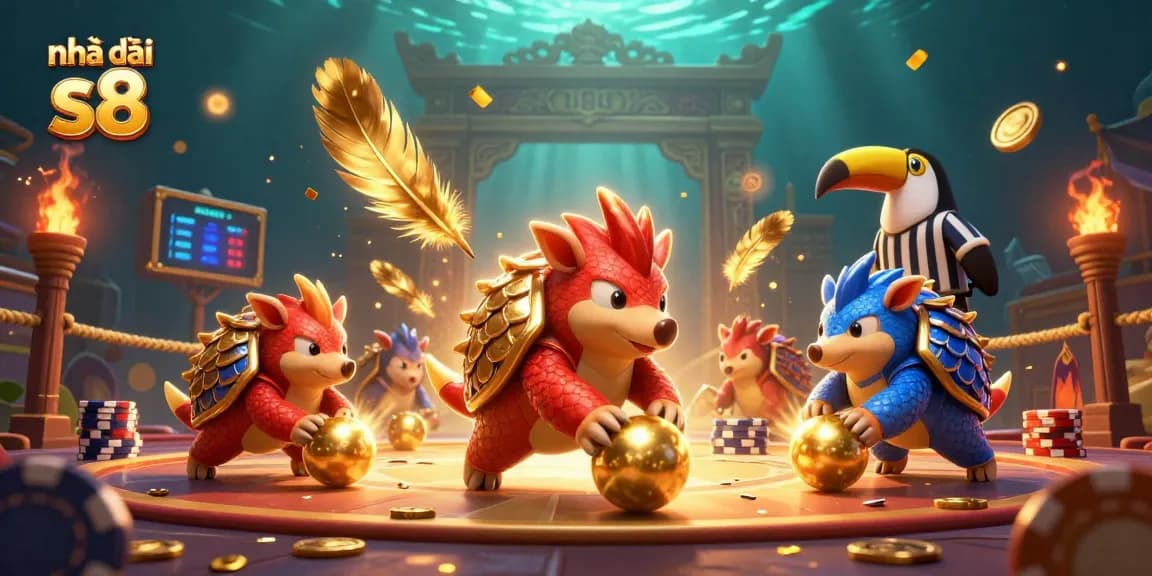 Nhà cái s8 pangolins compete, rolling through poker chips in a vibrant casino scene.