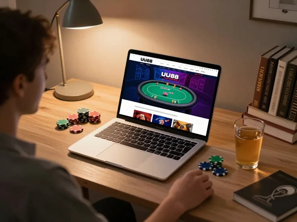 Engaging in online gaming at UU88 with a laptop showing vibrant poker graphics and gaming chips.