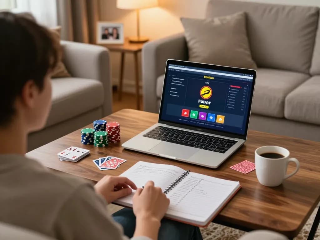 Player strategizing poker with Fabet online, enjoying a cozy home gaming environment.