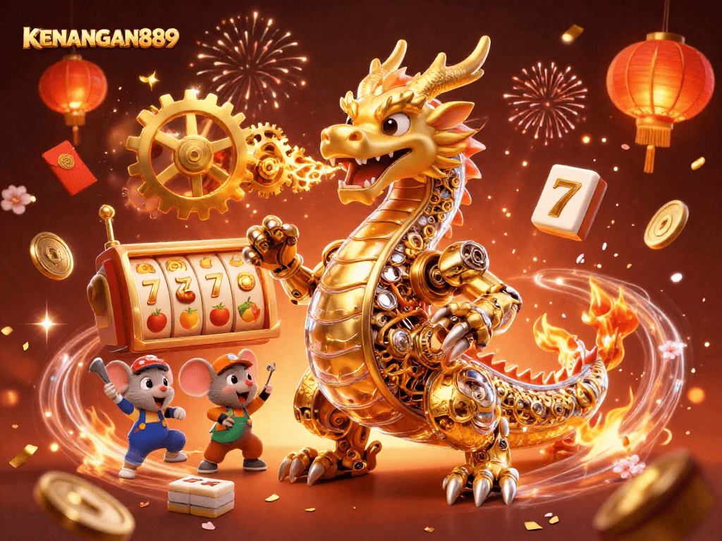 KENANGAN889 showcases a stunning 3D scene with a golden dragon, slot reels, and vibrant celebration elements.