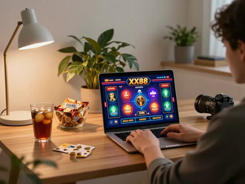 Engaging user playing on the XX88 online casino platform from home with a laptop