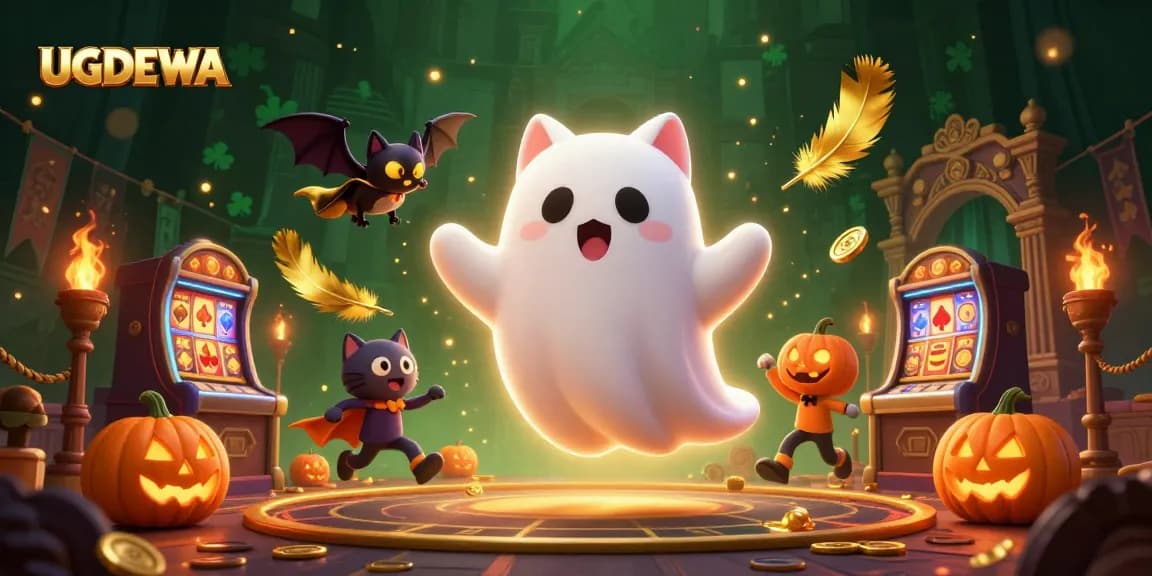 UGDEWA offers an engaging gaming experience with a friendly ghost cat and glowing jack-o-lanterns.