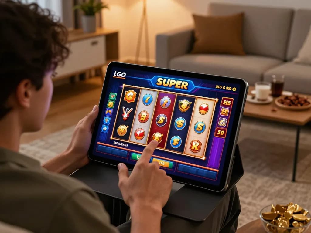 Engaging with LGO SUPER slot game on tablet in a cozy home environment.