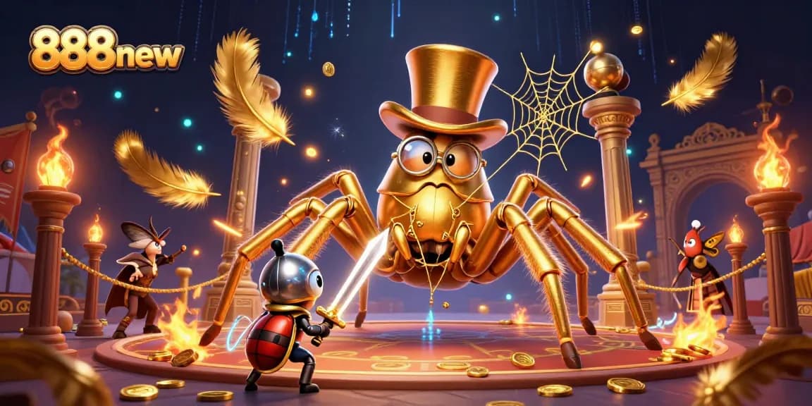 Witness the excitement at 888new with a captivating casino scene featuring a golden tarantula and beetle knight.