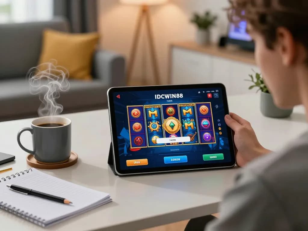 Engaging IDCWIN88 Login scene with vibrant graphics on a tablet, showcasing an exciting home gaming experience.