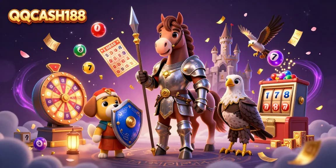 Join the excitement at QQCASH188 with a vibrant 3D scene of medieval characters amidst lottery elements.