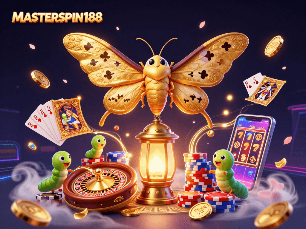 Experience the thrill with MASTERSPIN188 amidst vibrant casino elements and a dazzling atmosphere.