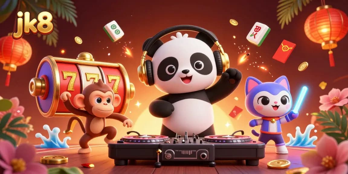 Experience the thrilling jk8 gaming scene with DJ panda, dancing monkey, and vibrant casino elements.