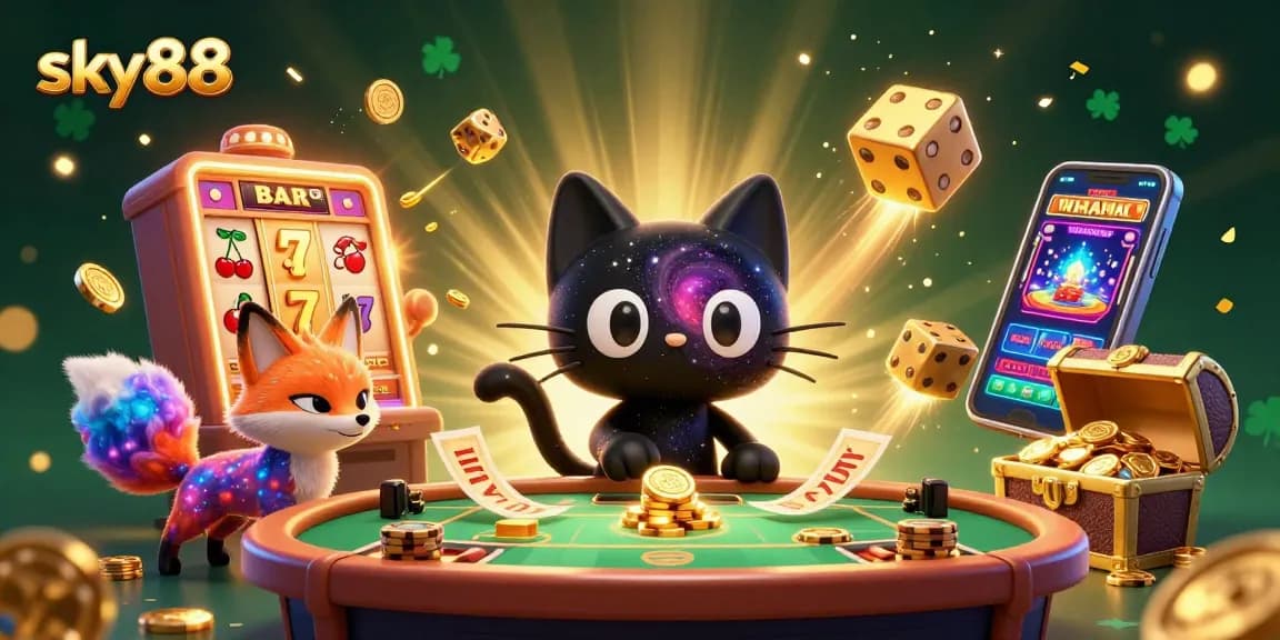 Sky88 sports betting illustration showing a cosmic-themed casino scene with interactive gaming elements.