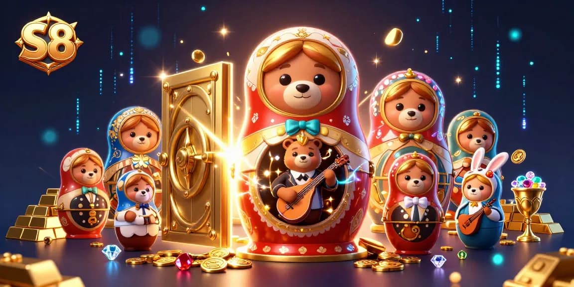 S8 offers vibrant casino excitement with a dazzling 3D scene of animated characters and gold treasures.