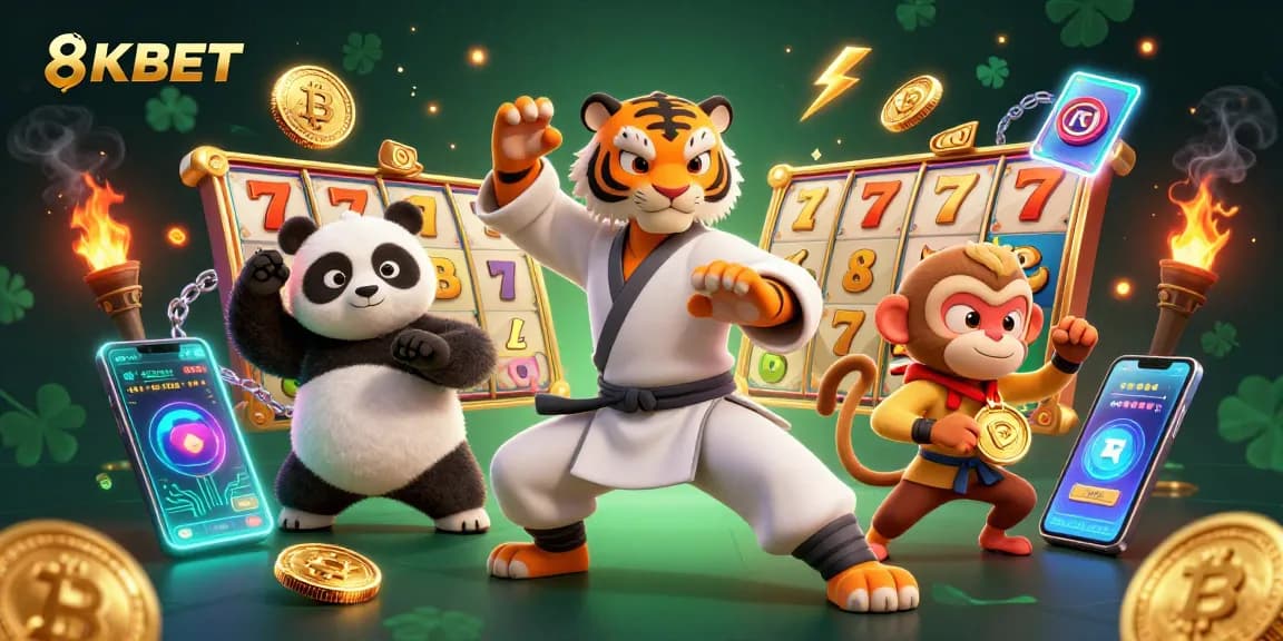 8KBET: Engage in the excitement of online slots with a dynamic 3D gambling scene featuring characters and crypto elements.