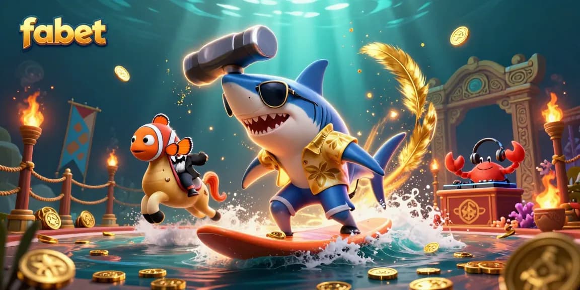 Surf with the fabet shark among golden coins, clownfish on a seahorse, and crab DJ in a vibrant casino scene.