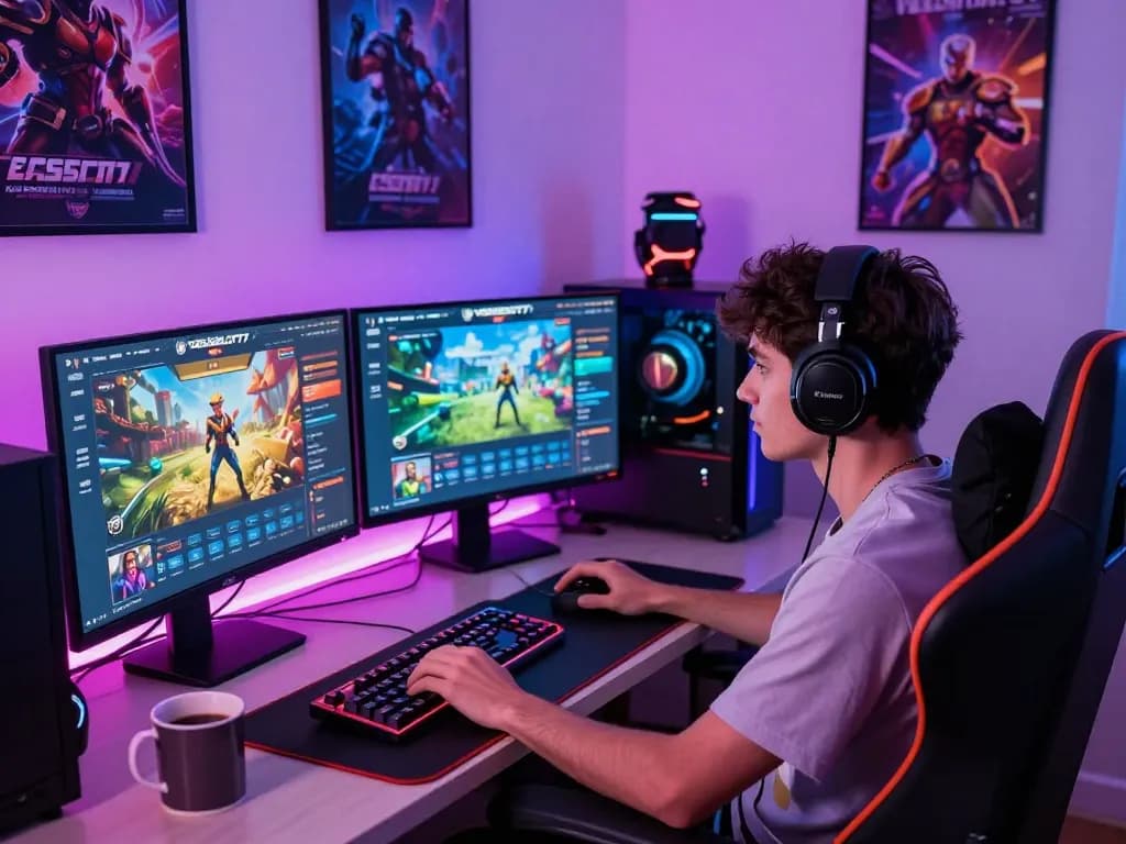 VEGASSLOT77 online gaming setup showcasing vibrant atmosphere and advanced gaming gear.