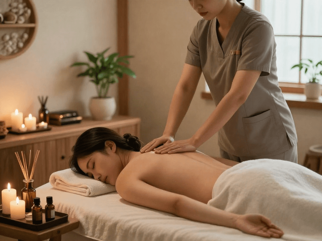 Experience a relaxing 성남출장안마 massage in a tranquil spa setting with candles and soothing decor.