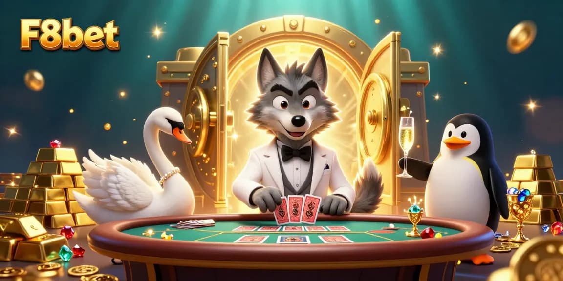 Experience the excitement of F8bet with a stylish wolf, elegant swan, and sophisticated penguin in a vibrant 3D casino scene.