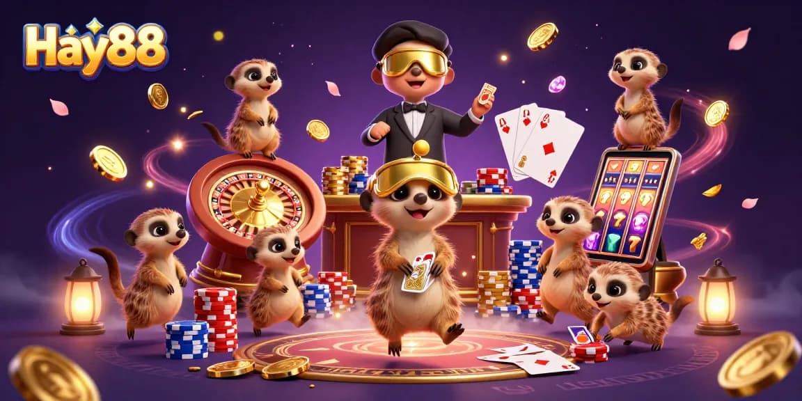 Experience the excitement of Hay88 with lively meerkats in a vibrant digital casino scene.