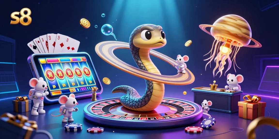 S8 immersive gaming scene with unique features of an online casino experience including animated characters and slot games