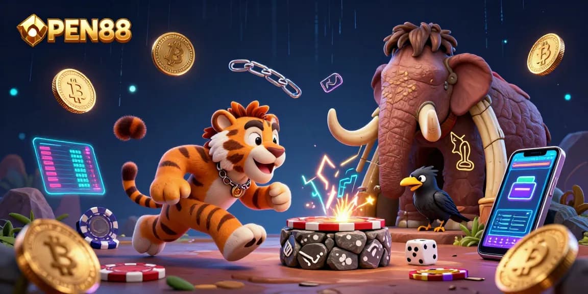 Join the excitement at OPEN88 with a lively prehistoric casino scene featuring a caveman and sabertooth tiger.