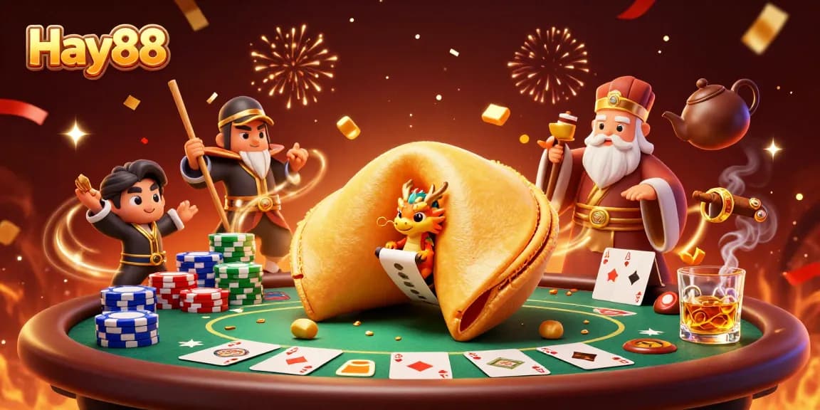 Engage with Hay88's dynamic casino scene featuring a fortune cookie and poker elements.