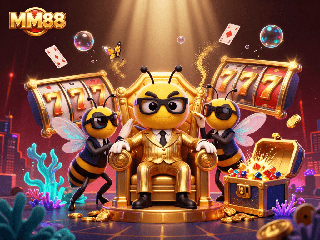 Experience thrilling wins at MM88 with a cartoon mob boss and vibrant casino elements in a stunning 3D scene.