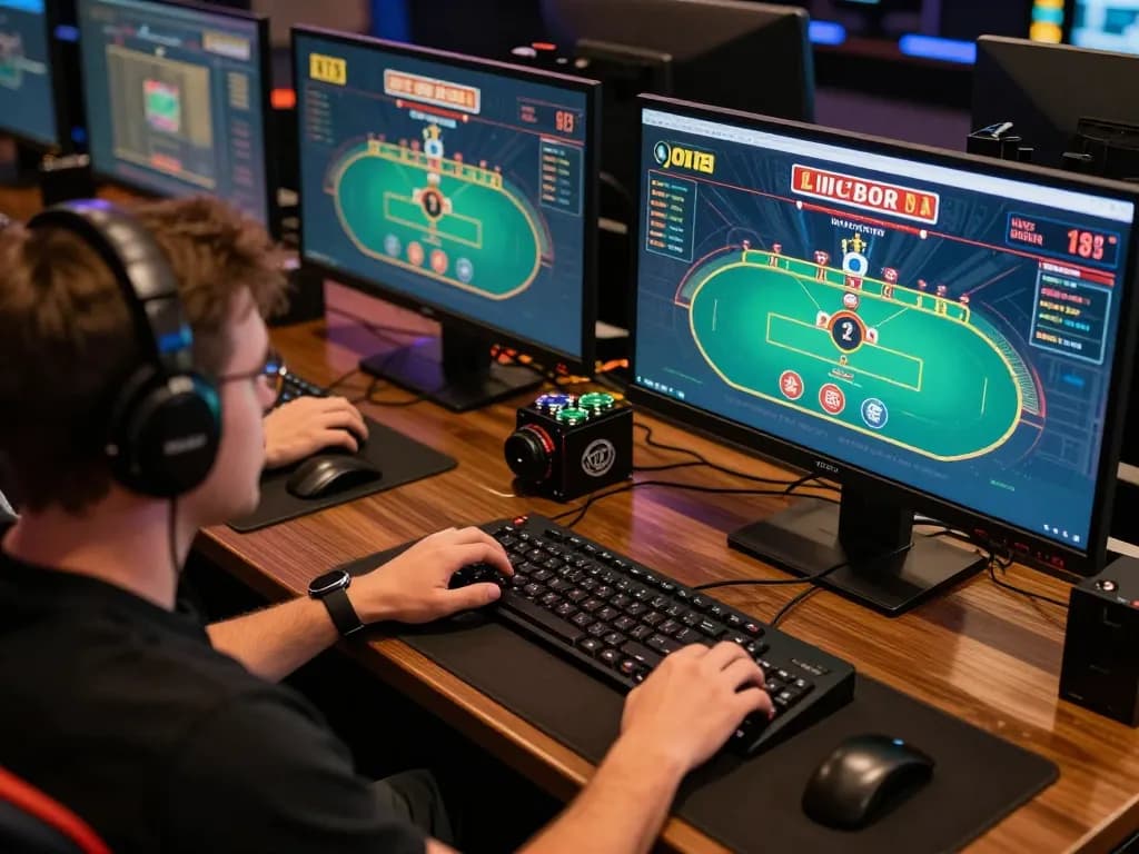 Engaging live gaming session at 68gamebaivn, showcasing multiple monitors and strategic gameplay.