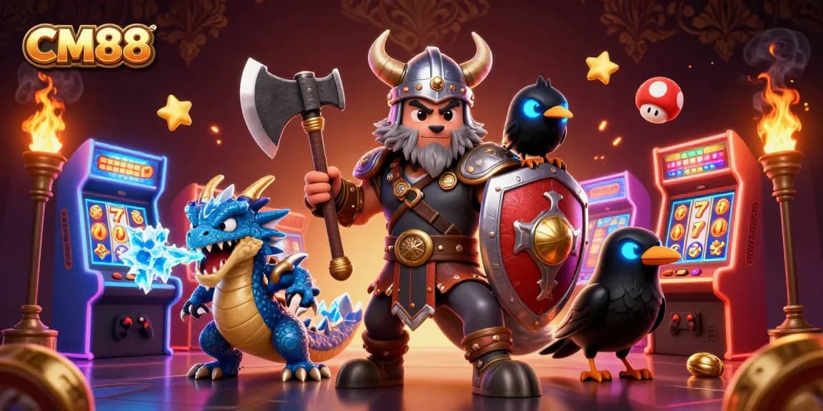 Engage in thrilling gameplay at CM88 with wolf warrior, fierce dragon, and vibrant arcade elements.