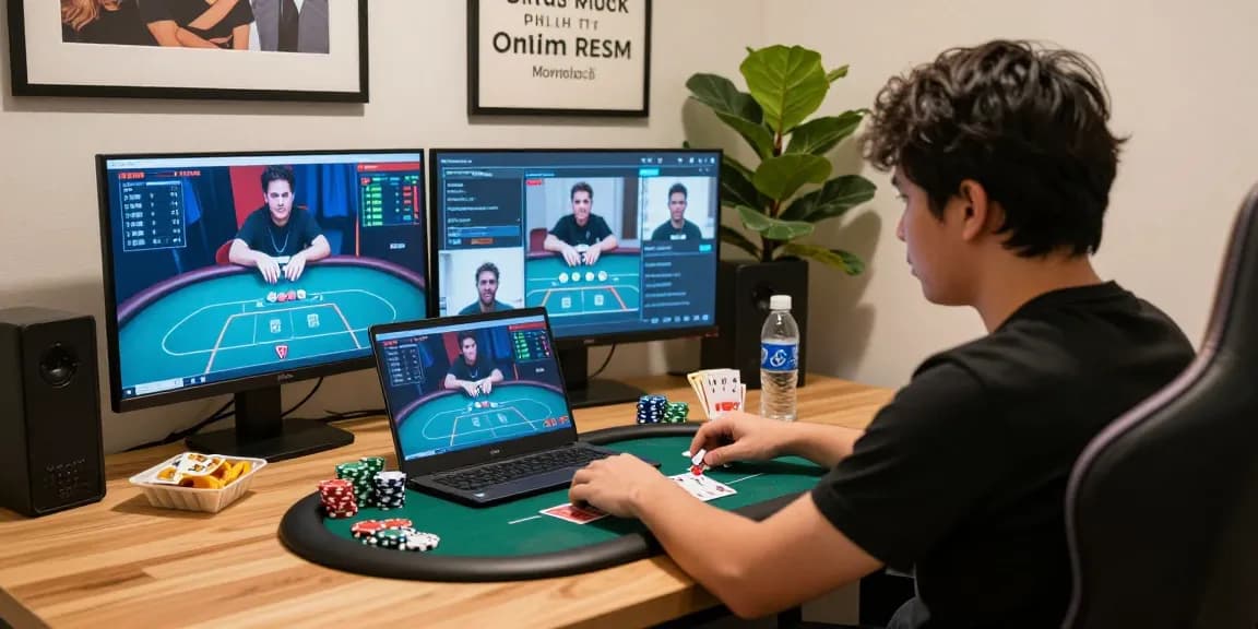 Situs Poker Online Resmi Domino88 player focused on online poker game, chips and cards on table, engaging home office setup.
