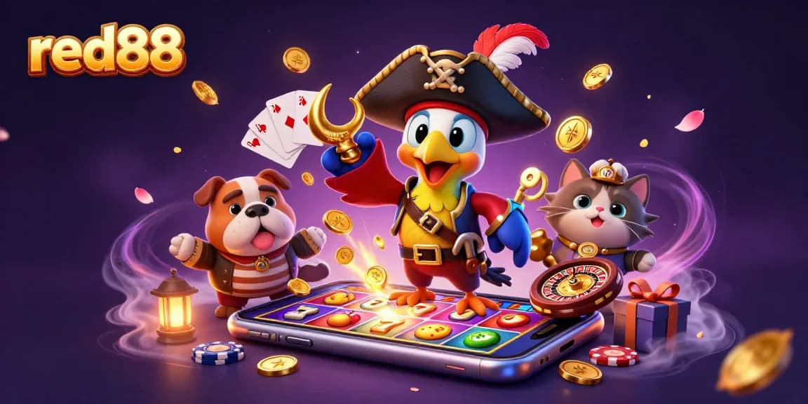 Experience the excitement of red88 with a vibrant 3D illustration featuring casino games and characters.