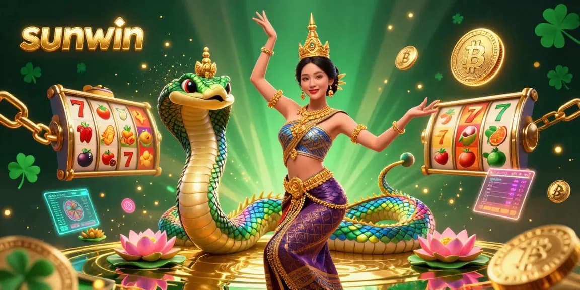Engage in the excitement of sunwin with colorful slot symbols and cryptocurrency in this vibrant casino scene.