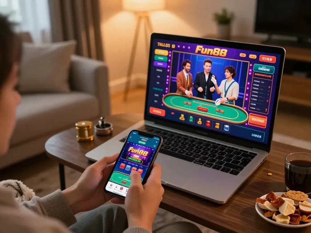 Fun88 user placing bets on a smartphone in a cozy home setting, showcasing vibrant online gambling.