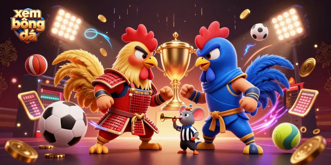 Xem bóng đá with dynamic betting elements, 3D cartoon roosters in dramatic standoff, vibrant sports action.