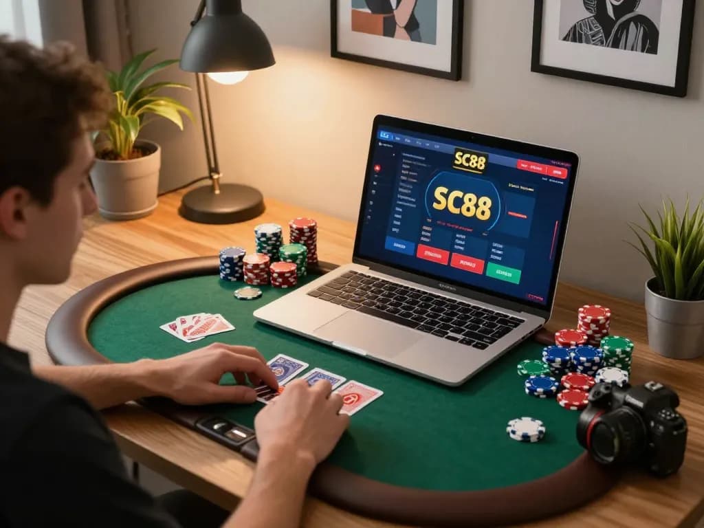 Unfolding an SC88 poker strategy with a player concentrating on their laptop, enhancing your gaming experience.