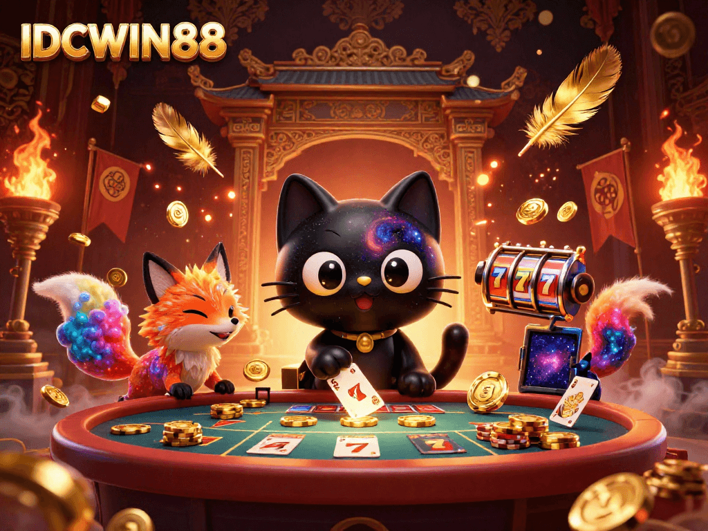 Engage with the dynamic atmosphere of IDCWIN88's cosmic casino, featuring a black hole cat pulling in chips.