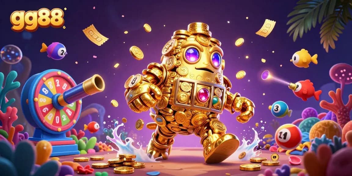 Experience the thrilling underwater gameplay at gg88 with a dynamic fish shooting scene featuring colorful elements and a golden golem.