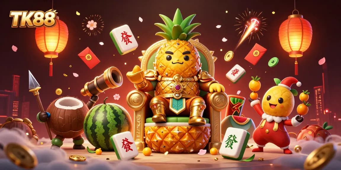 Engage with TK88's vibrant casino scene featuring a golden pineapple king and dynamic gaming elements.