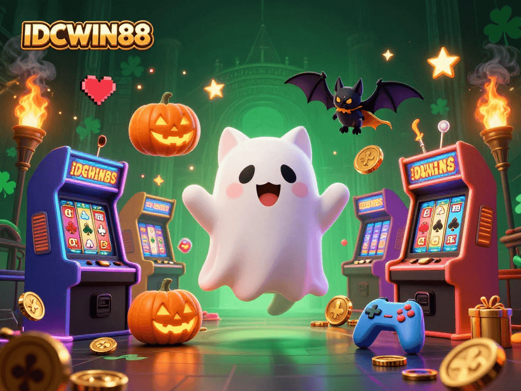 Engage with IDCWIN88 in a vibrant haunted casino scene featuring a ghost cat and vampire bat.
