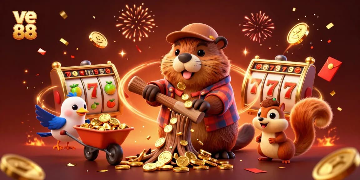 Crowd-pleasing ve 88 themed scene featuring a lumberjack beaver celebrating with golden coins and casino elements.