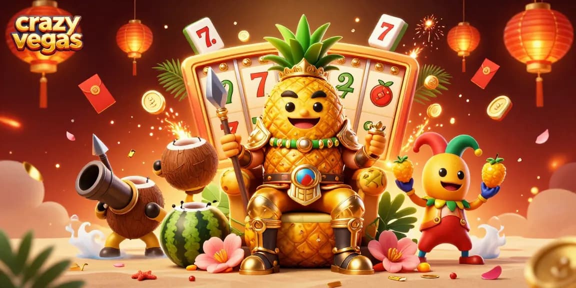 Experience casino joy at crazyvegas with a golden pineapple king amid lively slot reels and vivid decorations.