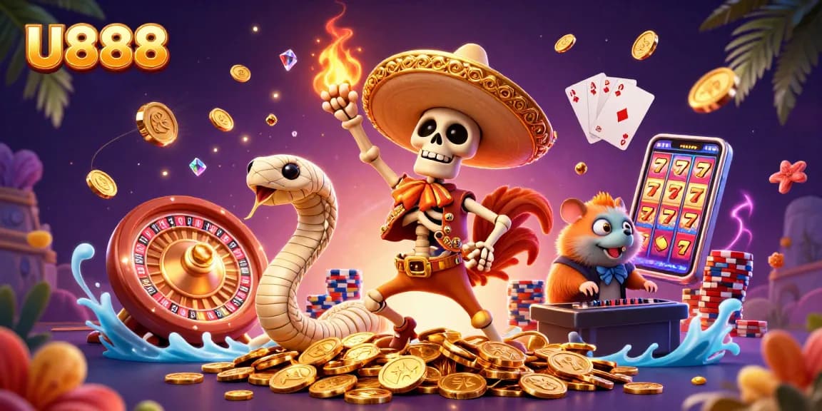 U888 captures a thrilling casino scene with a victory dance atop gold coins, bringing excitement and engagement.