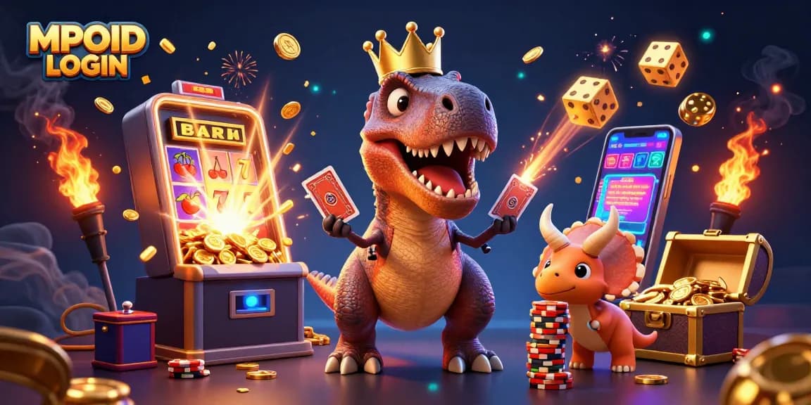 Immerse in MPOID LOGIN gameplay with a T-Rex card shark, gold chips, and vibrant casino elements.