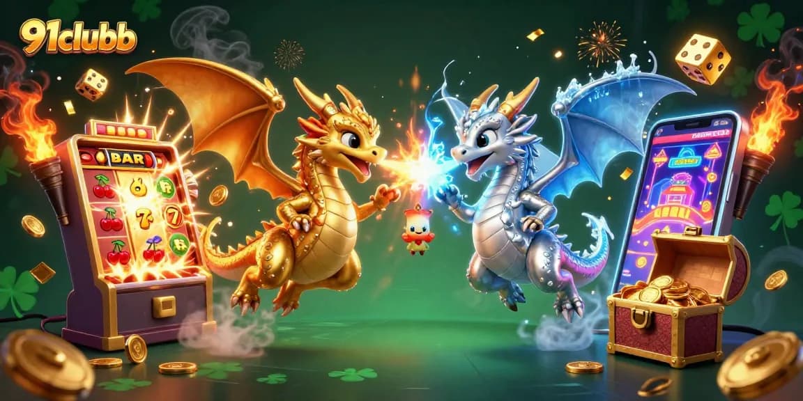 Experience the thrill of 91clubb with dynamic dragons and casino elements exploding in action.