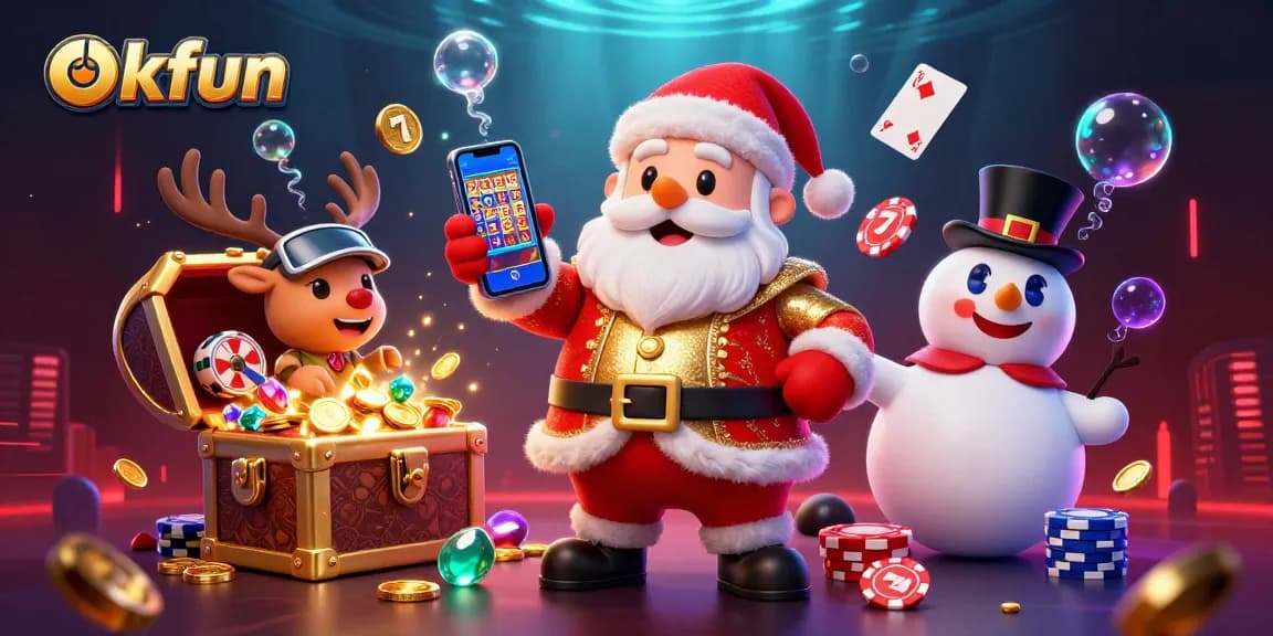 Spin the reels at okfun with a vibrant 3D casino scene featuring Santa and friends!