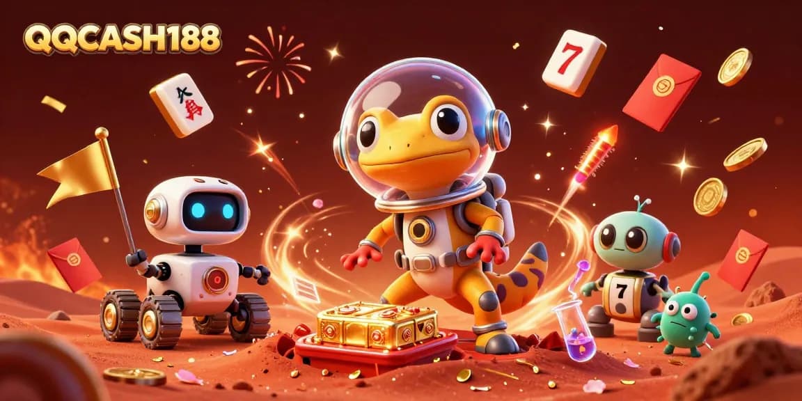 Increase your chances at QQCASH188 with this vibrant Martian casino adventure illustration.