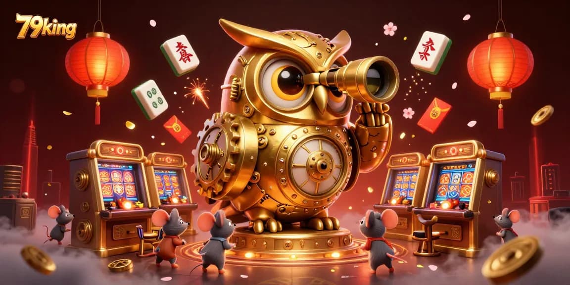 Exciting gaming scene featuring the 79king casino, showcasing a golden owl and lively mice amongst thrilling slot machines.