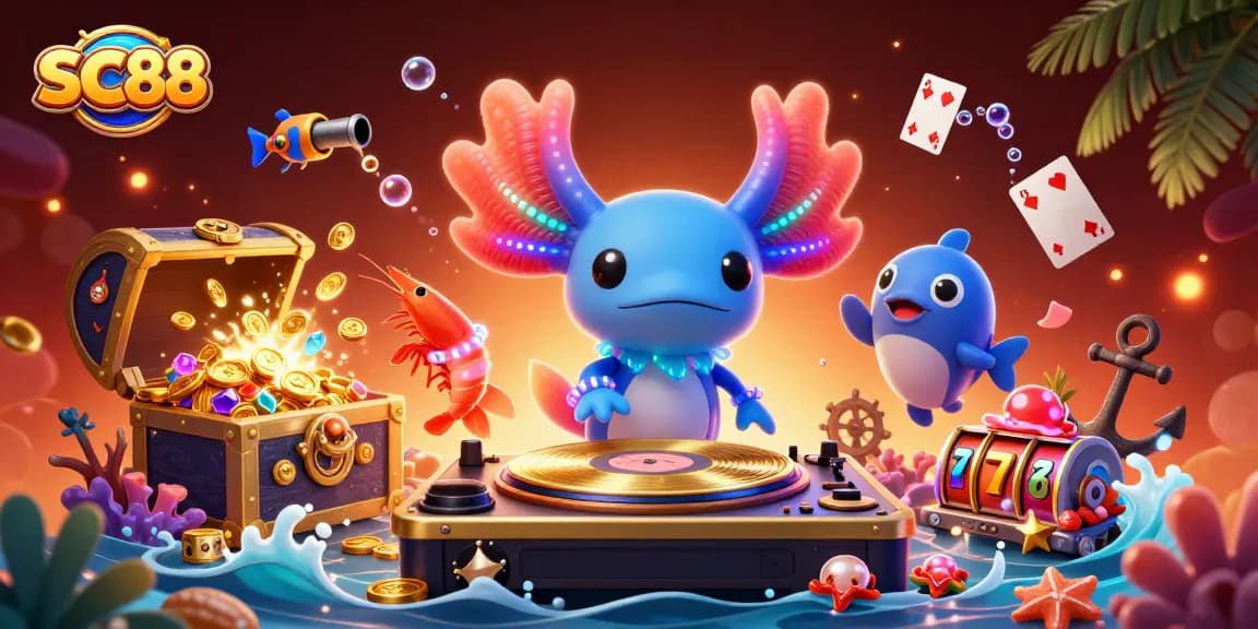 SC88 casino app features vibrant animation of a DJ and friends emerging through underwater treasures.