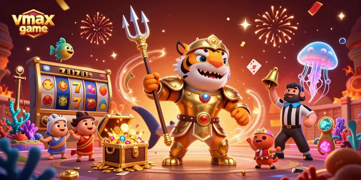 Experience the excitement of vmax game with a vibrant scene of a tiger shark in gladiator armor in a dynamic casino theme.