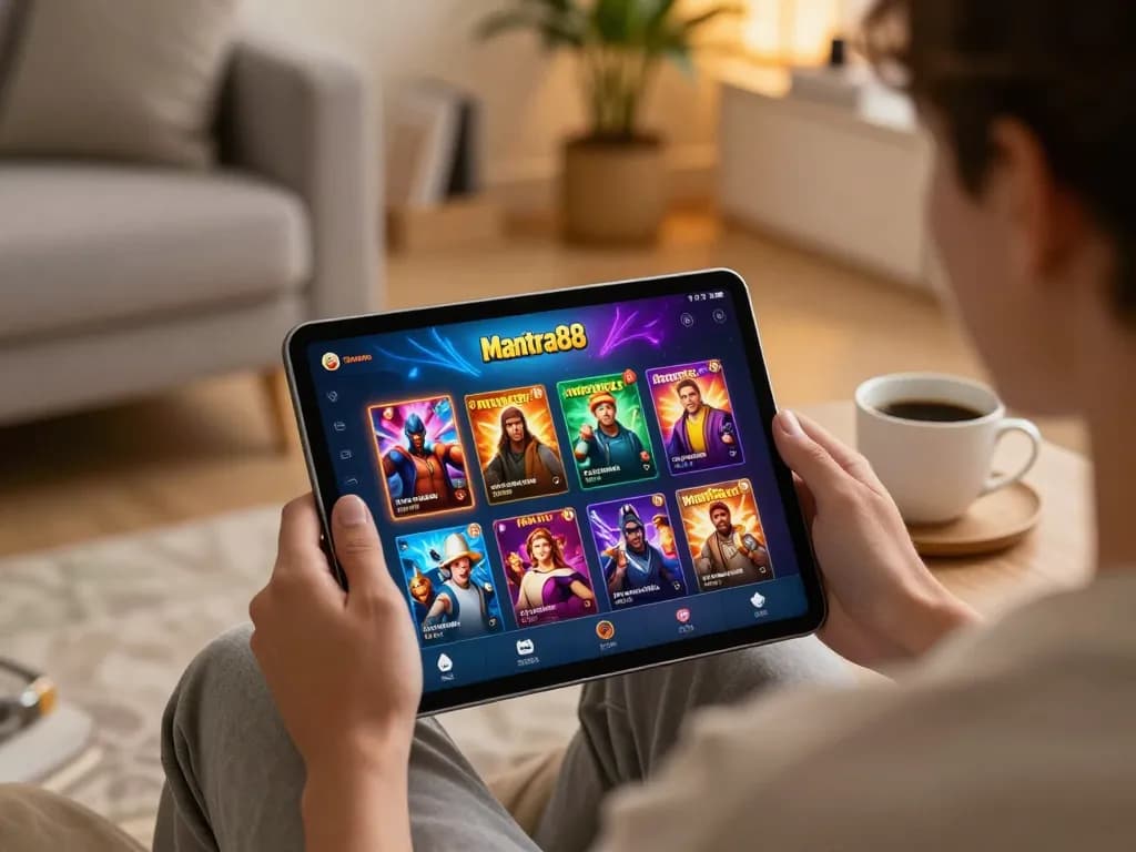 Experience the excitement of online gaming with mantra88, showcasing a user enjoying a casino app on a tablet in a cozy setting.
