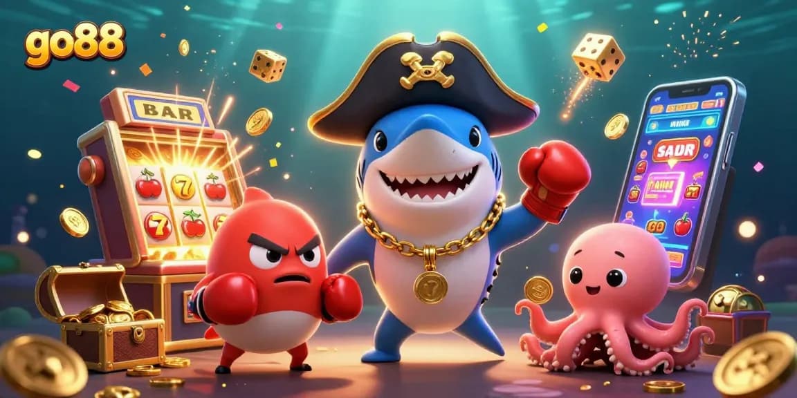 Experience the excitement at go88 with a vibrant casino scene featuring playful characters and dynamic slot action.