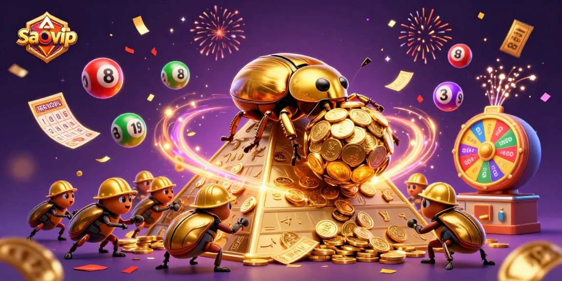 Engage with saovip's thrilling casino world represented by golden beetles and festive winnings.