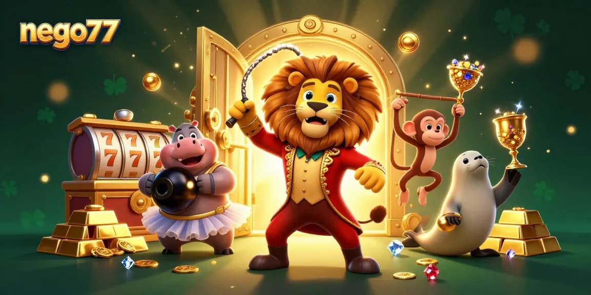 Experience the excitement of nego77's casino adventure with a vibrant circus-themed scene.